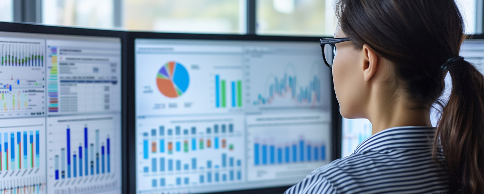 A woman data analyst reviews data points on several monitors, including bar charts and pie graphs.