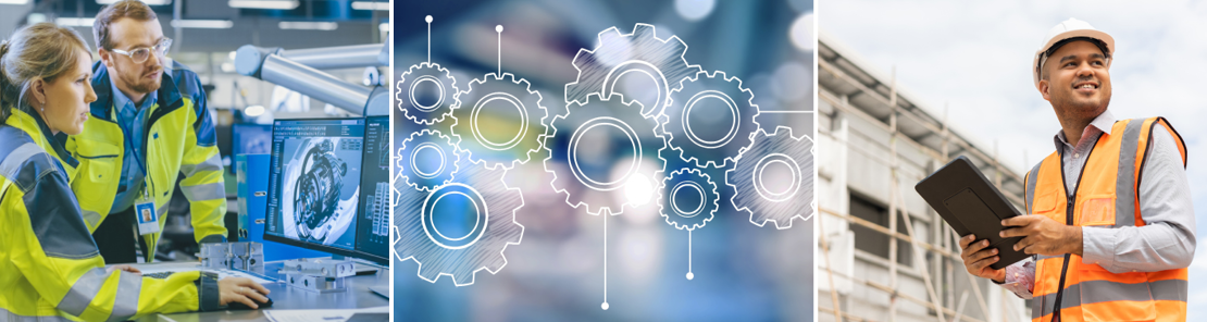 Engineering professionals reviewing a 3D mechanical design on a computer in a modern industrial setting, a graphic of interconnected gears symbolizing engineering concepts and a construction site supervisor holding a tablet while inspecting a building project.