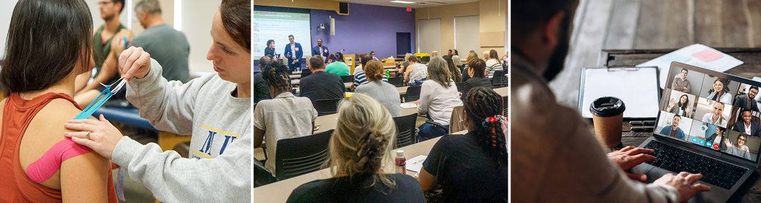 Attendees do a hands-on activity during a conference, people sitting in lecture hall listening to a speaker, a person participates in a webinar on her laptop.