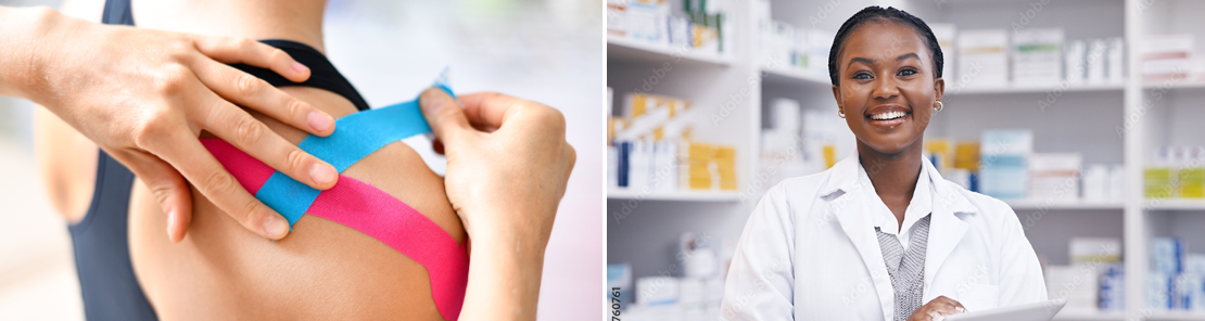 A person practices with elastic therapeutic taping and a pharmacy tech smiles after completing her training.