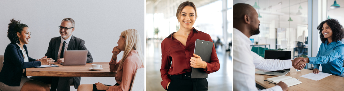 Three business professionals in a meeting with laptops and documents, a person holding a clipboard in a modern office hallway, and two colleagues shaking hands across a desk in a bright workspace—illustrating HR training and SHRM certification concepts.