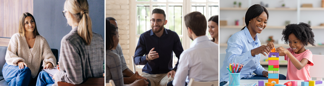 three photos showing human services professionals at work. The first photo is of two women talking in a private therapy session. The middle photo is  a group of individuals sitting in a circle talking in a support group, The final photo is of a woman and a young child in a therapy session playing with colorful blocks..