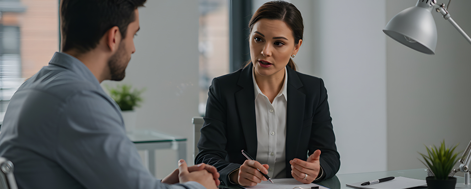 A male employee listens to his female supervisor as she provides feedback regarding clinical services.
