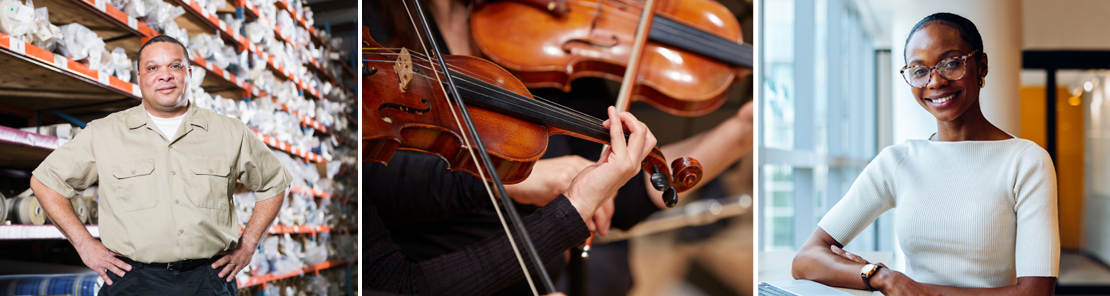 A facility manager stands in a warehouse, close up of violons in an orchestra and a confident woman in legal services illustrate the vast array of personal and professional development education opportunities.