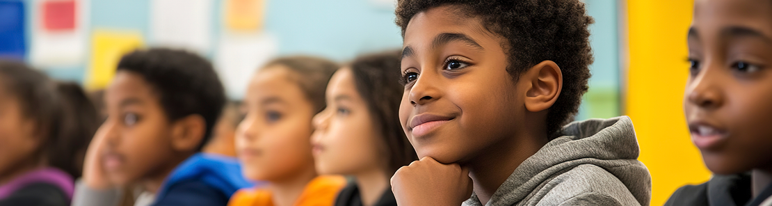 a diverse group of young students look on attentively in a classroom