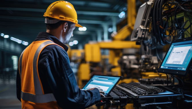 Manufacturing Engineer on a manufacturing floor working on computer overseeing manufacturing process.