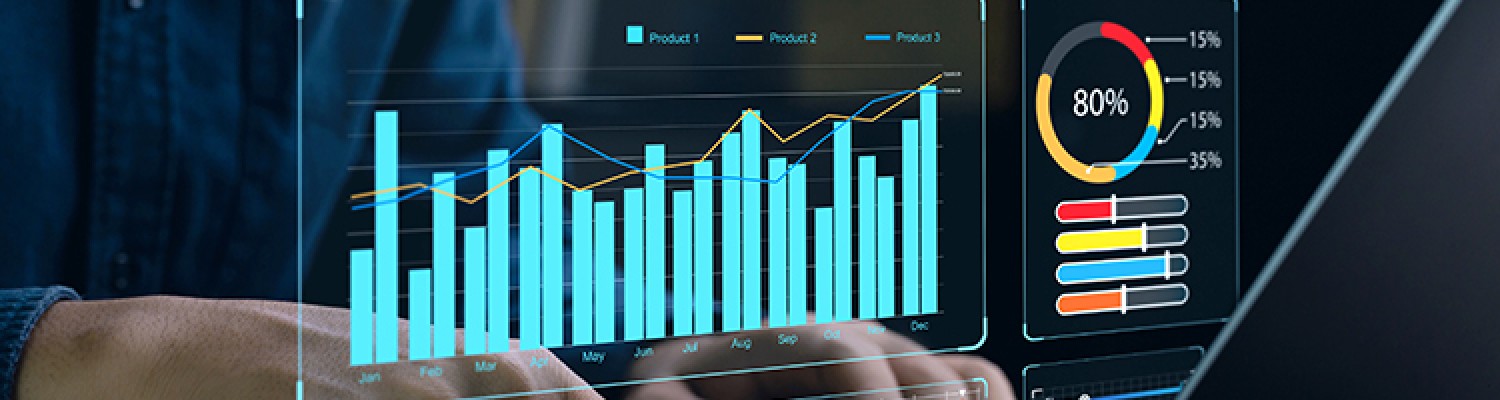 Interactive analytics dashboard with bar and line charts, progress indicators, and data visualization tools—representing AI, data analysis, and technology-driven insights for business strategy and productivity.