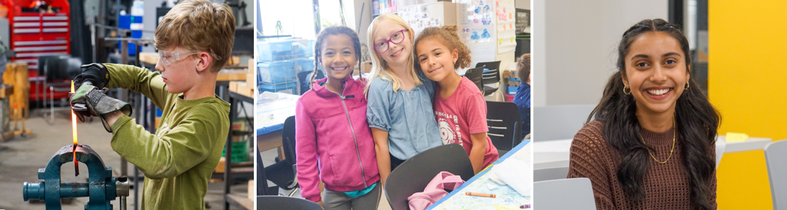 Children and teens participating in hands-on learning activities through College for Kids and Teens programs. One child works on a metal project in a workshop, three kids stand together in a classroom with art supplies and another student sits at a desk in a modern learning space,
